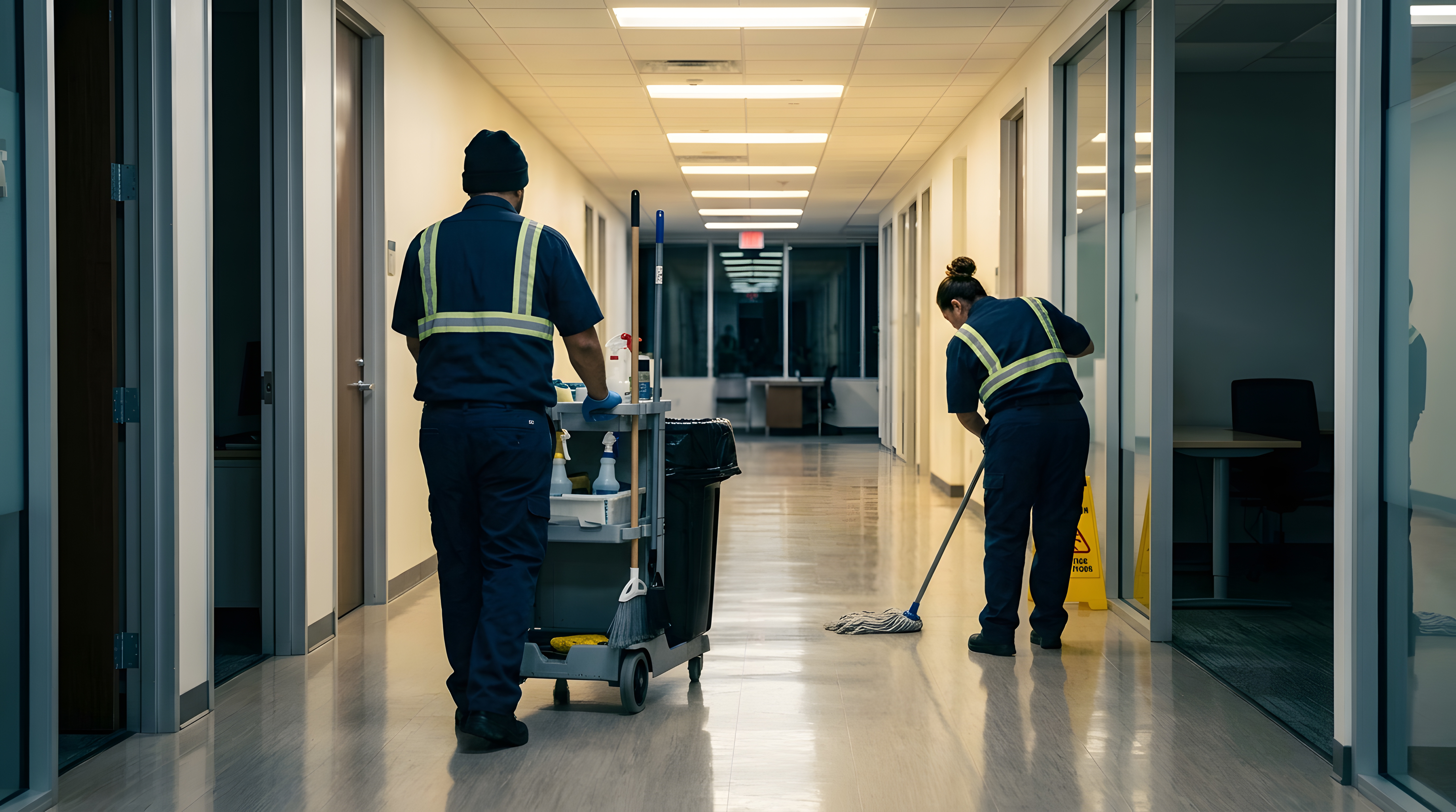 Union's Cleaning Services janitorial crew cleaning a commercial hallway